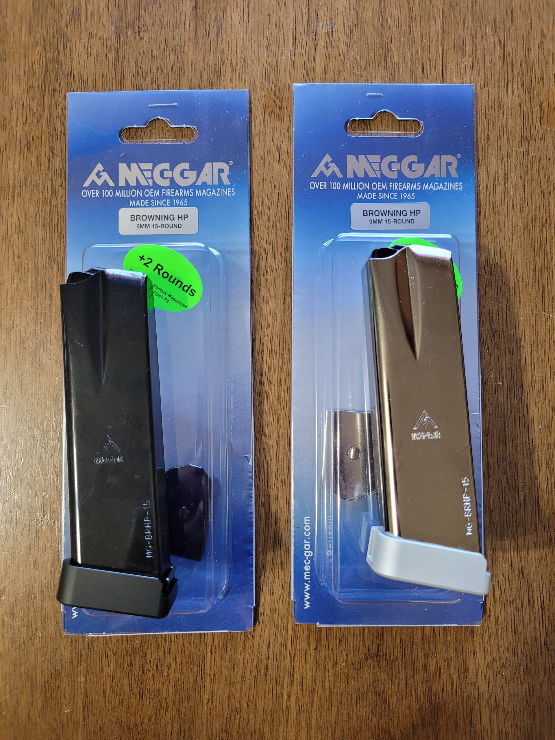 Hi-Power 9mm, 17 rounds (with Mecgar +2 Magazine Baseplate), Blued or Stainless Steel Magazine